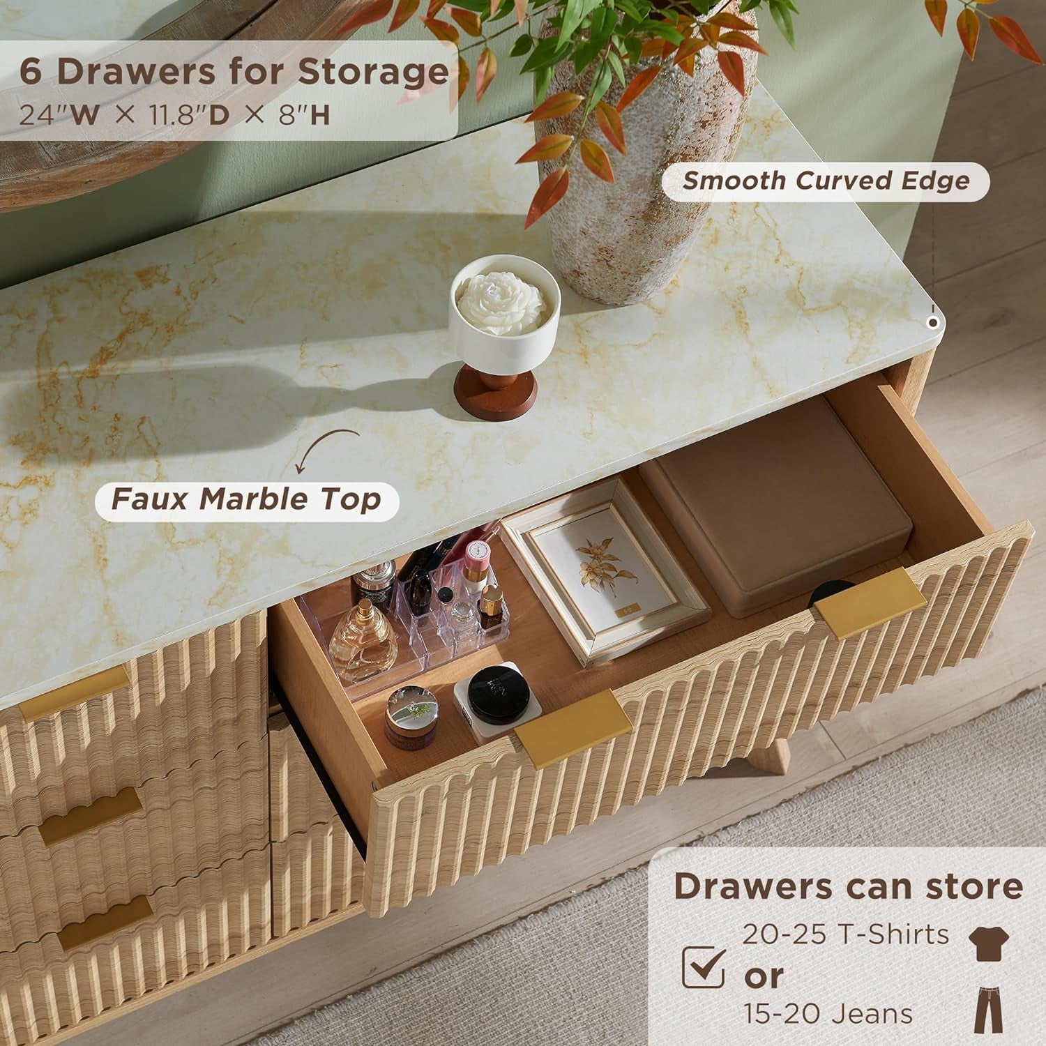 Natural Oak 6-Drawer Dresser with Marble Top