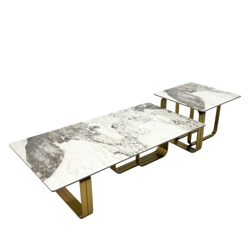 LuneluX_Home – Modern Sintered Stone Coffee Table Set with Gold Frame