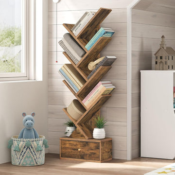 9 Tier Tree Book Shelf with Drawer, Floor Standing Bookshelf Storage